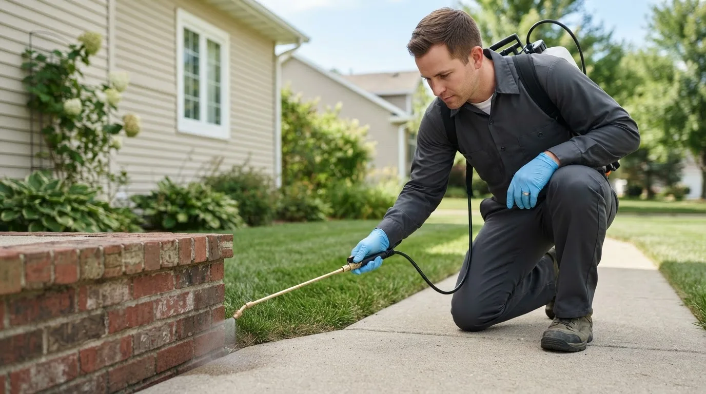 Pest control technician treating a home near Knightsville, IN